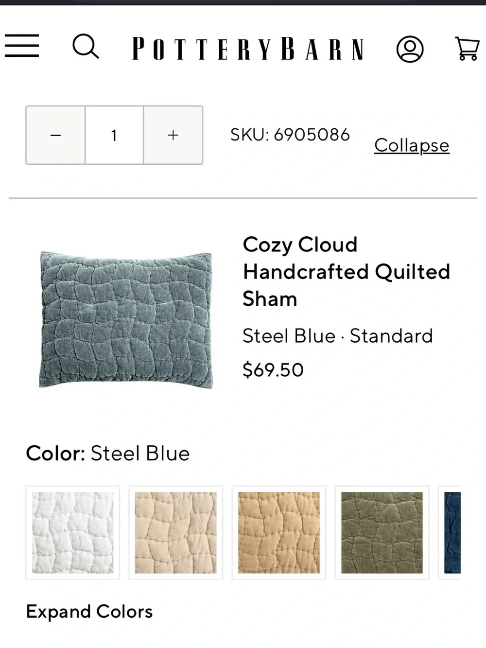 Pottery Barn Cozy Cloud Quilted Sham in Steel Blue included pillow insert